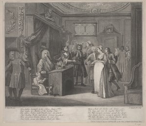 Een vrouw zweert een kind aan een ernstige burger door William Hogarth