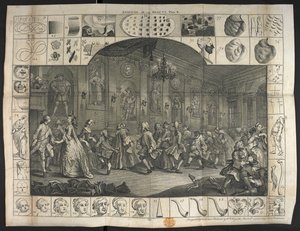 Een groot aantal mensen die dansen door William Hogarth