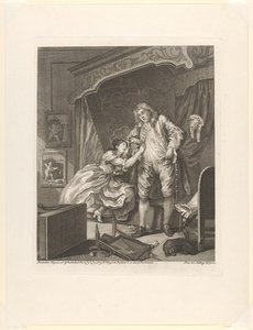Vrouw hangt aan de arm van een man in een slaapkamer (serie titel) door William Hogarth