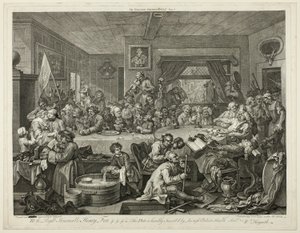 Een Verkiezingsentertainment, plaat één uit Vier Prenten van een Verkiezing door William Hogarth