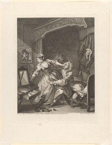 Man trekt een tegenstribbelende vrouw naar zich toe in een slaapkamer door William Hogarth