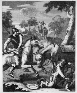 Don Quichot grijpt de Baibeis Kom voor Mambrino