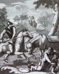 Don Quichot grijpt de scheerkom van de barbier voor Mambrino