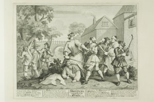 Hudibras overwonnen door Trulla, plaat vijf van Hudibras door William Hogarth