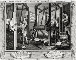 Industrie en Luiheid, De Leerlingen aan hun Weefgetouwen, plaat 1 door William Hogarth