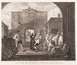O het gebraden rundvlees van oud Engeland door William Hogarth
