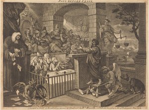 Paulus voor Felix, geburleskeerd door William Hogarth
