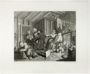 Plaat vijf, uit De vooruitgang van een hoer door William Hogarth