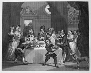 Sancho uitgehongerd door zijn arts door William Hogarth