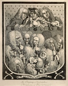 De Maatschappij van Begrafenisondernemers door Georg Friedrich Haendel, karikatuurgravure door William Hogarth door William Hogarth
