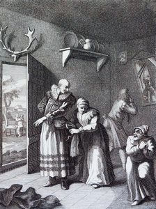 De kapelaan en de barbier vermommen zich om Don Quichot naar huis te brengen door William Hogarth