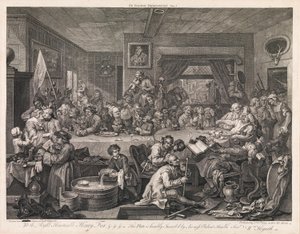 De verkiezing, plaat 1: “Een verkiezingsbanket” door William Hogarth