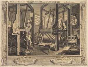 De gezel-leerlingen aan hun weefgetouwen door William Hogarth