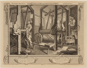 De gezellen aan hun weefgetouwen door William Hogarth