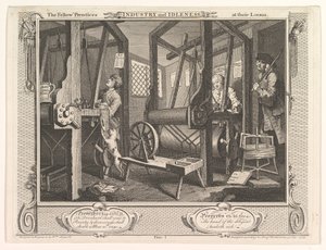 De Leerlingen aan hun Weefgetouwen Industrie en IJver, plaat 1, 30 september 1747 door William Hogarth