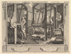 De gezellenleerlingen aan hun weefgetouwen: Industrie en luiheid, plaat 1, 30 september 1747 door William Hogarth