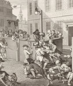 De eerste fase van wreedheid. Uit: De vier stadia van wreedheid door William Hogarth