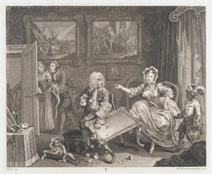 De hoer vindt een beschermer, ontworpen 1732, gedrukt 1744 door William Hogarth