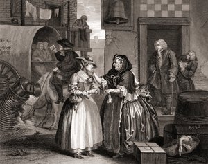 De vooruitgang van de hoer gevangen door een koppelaarster, uit De werken van Hogarth gepubliceerd Londen 1833 (gravure)