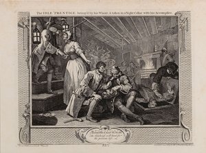 De luie leerling verraden door zijn hoer en meegenomen in een nachtkelder met zijn medeplichtige, 1747 door William Hogarth