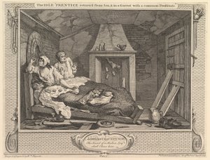 De luie leerling teruggekeerd van zee en in een zolderkamer met een gewone prostituee..., 30 september 1747 door William Hogarth
