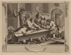 De luie leerling aan het spelen op het kerkhof tijdens de kerkdienst
