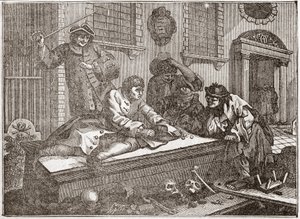 De luie leerling speelt op het kerkhof tijdens de kerkdienst - Plaat uit een serie van 12 gravures door William Hogarth (1697-1764), Britse illustrator, getiteld 