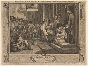De ijverige leerling is uitgeleerd en getrouwd met de dochter van zijn meester: Nijverheid en ledigheid, plaat 6 door William Hogarth