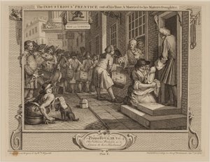 De ijverige leerling uit zijn tijd, en getrouwd met de dochter van zijn meester door William Hogarth