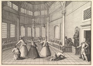 Het interieur van een moskee, de derwisjen dansen Aubry de La Mottrayes reizen door..., 1723-24