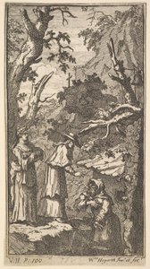 De Nieuwe Metamorfose, Plaat 7: De Kardinaal, een Kluizenaar en Donna Angela die Fantasio Vasthoudt, 1724 door William Hogarth