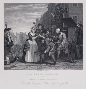 De vooruitgang van de hark: Gearresteerd voor schuld als hij naar de rechtbank gaat door William Hogarth