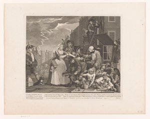 Tom Rakewell gered van zijn arrestatie door Sarah Young door William Hogarth
