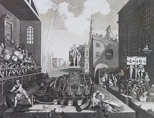 Twee criminelen in een schandpaal of blok in Londen door William Hogarth