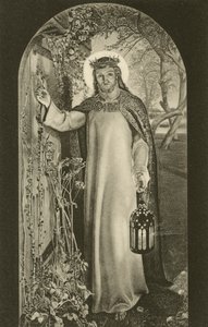 Het Licht van de Wereld, schilderij in Keble College, Oxford, Oxfordshire, met Christus die een lantaarn draagt en op een deur klopt (zw/w foto) door William Holman (after) Hunt