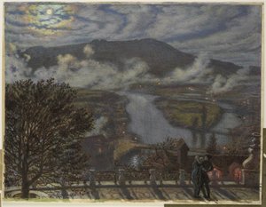 Gezicht vanaf terras op rivierlandschap bij nacht door William Holman Hunt