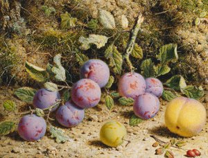 Stilleven met Pruimen, een Perzik en Rozenbottels door William Hough