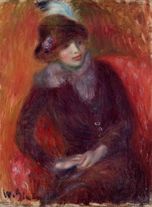 Zittende vrouw met bontkraag en rode achtergrond door William James Glackens