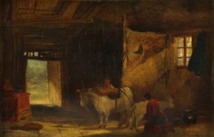 Een Welsh interieur met meisje dat een geit melkt
