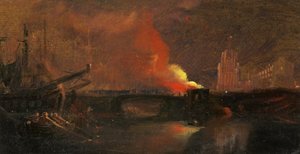 Bristol-rellen: De brand van de tolhuizen op Prince Street Bridge met St Mary Redcliffe, c.1831 door William James Muller