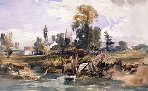 Landschap met een kerk en een huis