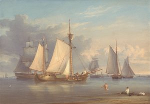 Nederlandse vissersboten voor anker in een estuarium door William Joy