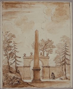 Chiswick, uitzicht op de Burlington Lane Gate, de obelisk op de voorgrond, en Kent met hond door William Kent