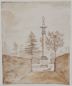 Chiswick, uitzicht op de Dorische zuil met Venus de Medici-beeld en een glimp van de zijkant van het hertenhuis