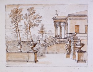 Chiswick, uitzicht op de villa aan de kant van het standbeeld van Inigo Jones door William Kent