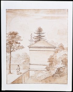 Chiswick, uitzicht op de zijkant van het Hert Huis genomen vanaf de binnenste oever van de ha-ha van het hertenverblijf en met een glimp van de Dorische Kolom (pen & was op papier) door William Kent