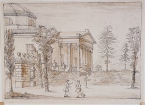 Chiswick, uitzicht op de villa vanaf de kant van het standbeeld van Palladio