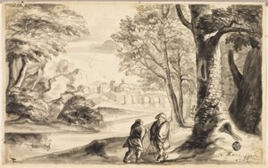 Twee Reizigers onder Boom met Dorp en Brug in de Verte door William Kent