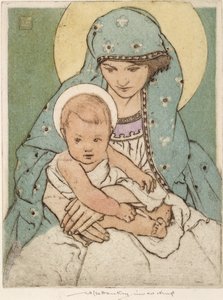 Maagd Maria met het Christuskind (handgekleurde droge naald)