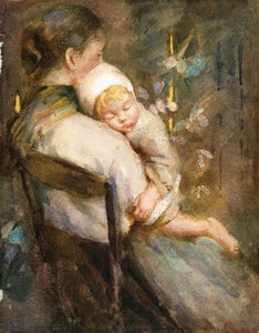 Jonge Moeder met Slapend Kind op haar Schoot (aquarel op papier)